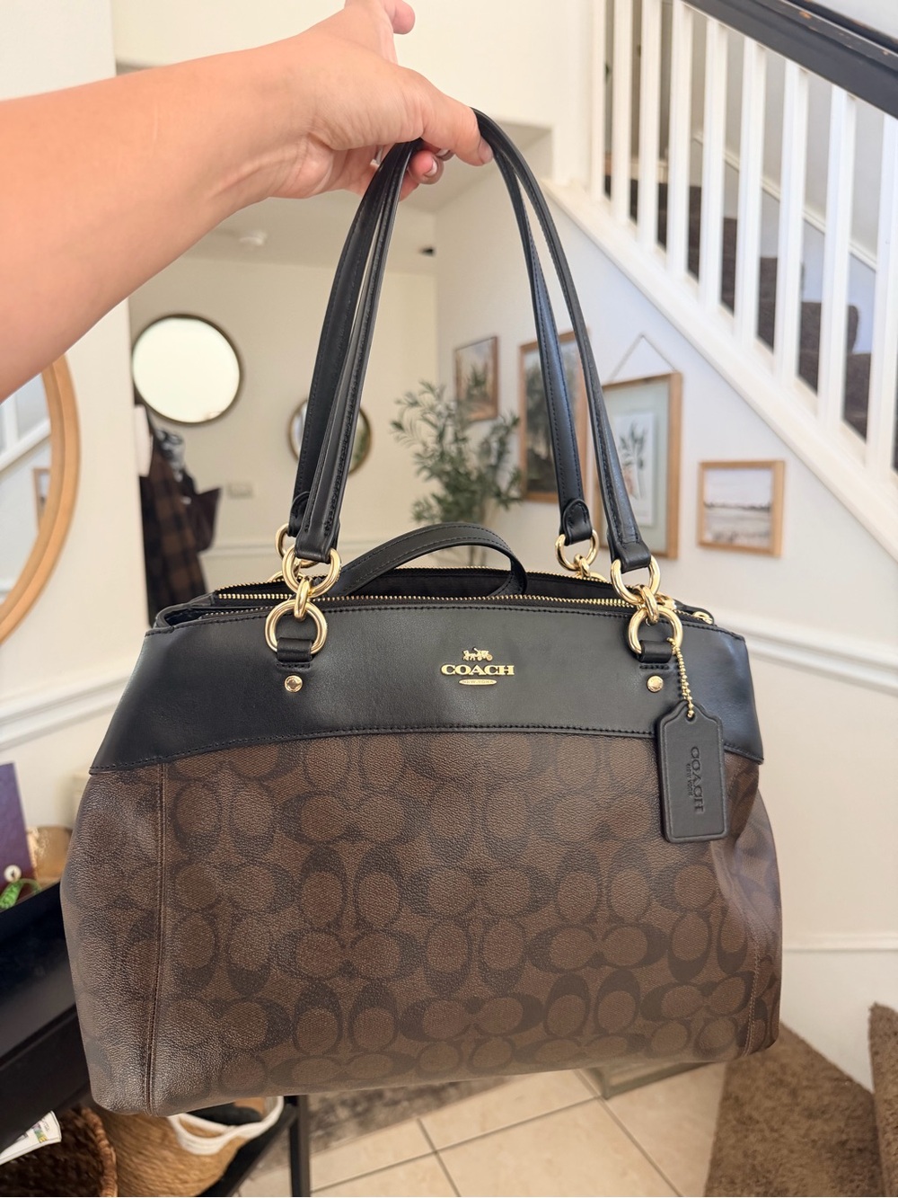 Coach Brown Signature Canvas Satchel with Black Leather Trim